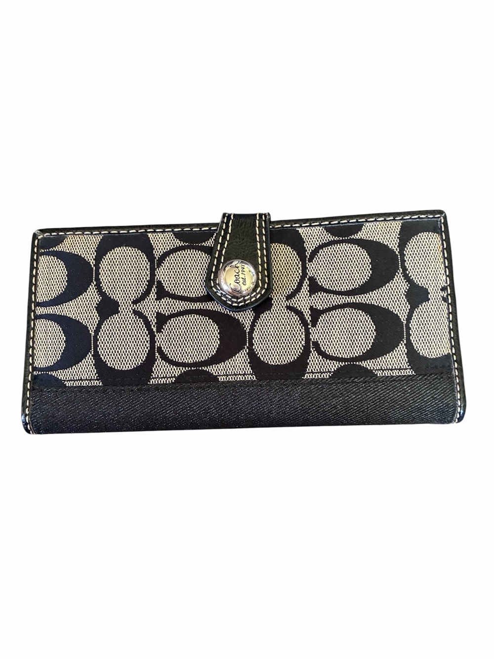 COACH VNTG SIGNATURE CHECKBOOK WALLET BLK AND GRAY C-PRINT CANVAS
